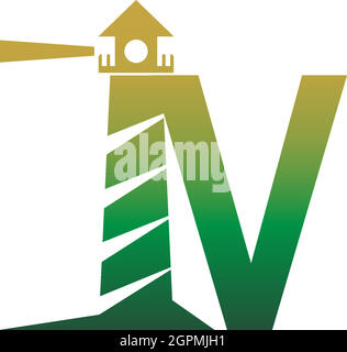 Buchstabe V mit Leuchtturmsymbol-Logo-Designvorlage Stock Vektor