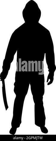 Silhouette Mann mit Schwert Machete kalte Waffen in der Hand Militär Mann Soldat Mann in Positionen Jäger mit Messer Kampf Posen starke Verteidiger Krieger Konzept Waffen stehen schwarz Farbe Vektor Illustration flachen Stil Bild Stock Vektor