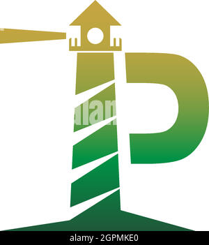 Buchstabe P mit Leuchtturmsymbol-Design-Vorlage Stock Vektor