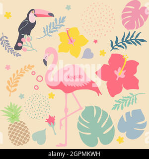 Lustiger tropischer Hintergrund mit rosa Flamingos mit Blumen, Tukan, Ananas, auf pastellfarbenem Hintergrund. Stock Vektor