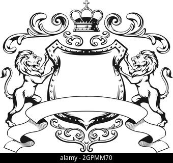 Heraldic Lion Shield Crest Royalty Mantel der Arm Schwarz Silhouette Stock Vektor
