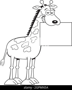 Schwarz-weiße Abbildung einer Giraffe mit einem Schild. Stock Vektor