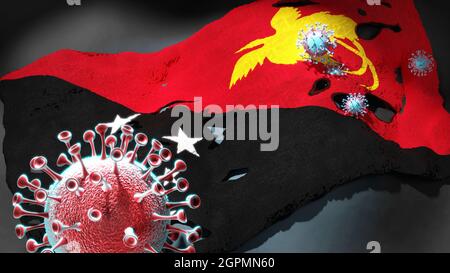 Covid in Papua-Neuguinea - Coronavirus greift eine Nationalflagge von Papua-Neuguinea an, als Symbol für einen Kampf und Kampf gegen die Viruspandemie in Papua-Neuguinea Stockfoto