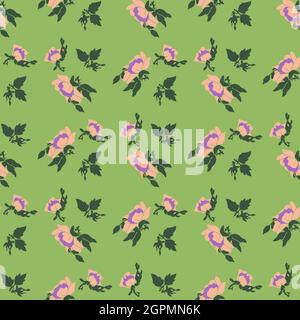 Zeichnung Blüte rosa Blumen Rosen. Nahtloses Blumenmuster. Natur abstrakt Hintergrund Vektor Tapete. Linie Kunst botanische Illustration Grafik Design. Trendige pastellgrün, rosa Farben malen Stock Vektor