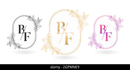 Illustration von floralen Rahmen für BF Anfangsbuchstaben und Grafiknamen, B und F Monogramm, für Hochzeitspaar symbolisch, Logo Firma und Ikone Geschäft, mit drei Farben Variation Designs Stock Vektor