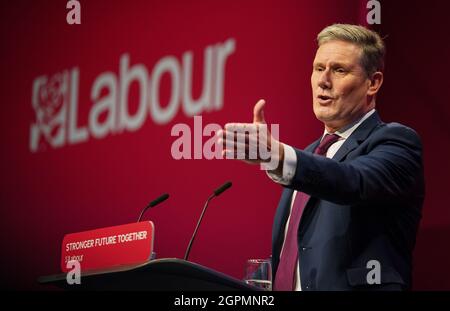 Datei-Foto vom 29/09/21 von Sir Keir Starmer, dem Parteivorsitzenden der Labour Party, der seine Keynote-Rede auf der Konferenz der Labour Party in Brighton hielt. Starmer sagte, dass die Mehrheit der Labour Party seine Änderungen unterstützt - trotz einiger Zwischenrufe von Linksflüglern während seiner Konferenzrede. Ausgabedatum: Donnerstag, 30. September 2021. Stockfoto