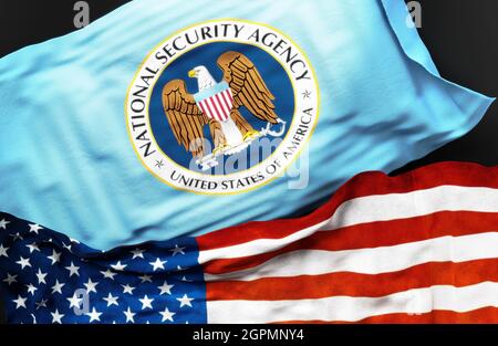 Flagge der US National Security Agency zusammen mit einer Flagge der Vereinigten Staaten von Amerika als Symbol der Einheit zwischen ihnen, 3d-Illustration Stockfoto