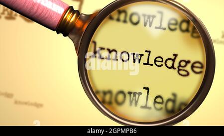 Wissen und eine Lupe auf dem englischen Wort Wissen zu symbolisieren Studium, Untersuchung oder Suche nach einer Erklärung und Antworten im Zusammenhang mit a c Stockfoto
