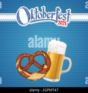 Oktoberfest Hintergrund 2021 mit Brezel und Bier Stock Vektor