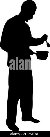 Silhouette Mann mit Kochtopf Löffel in den Händen Vorbereitung Lebensmittel männliche Kochen verwenden Sauciers schwarze Farbe Vektor Illustration flachen Stil Bild Stock Vektor