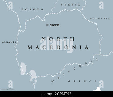 Nordmakedonien, graue politische Landkarte, mit Hauptstadt Skopje Stock Vektor