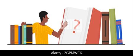 Junger Mann Student im Zweifel, Denken und Studium Vektor-Illustration. Cartoon Kerl Figur steht in der Nähe Bücherregal mit Büchern, hat Frage, Person öffnen Buch Antwort isoliert auf weiß zu lesen Stock Vektor