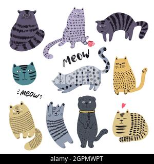 Niedliche Katzen handgezeichnetes Set. Lustige Kätzchen Zeichen Doodle Illustration. Vektor für flache Haustiere. Stock Vektor