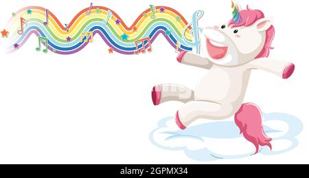 Einhorn springt auf der Wolke mit Melodiesymbolen auf Regenbogenwellen-Illustration Stock Vektor