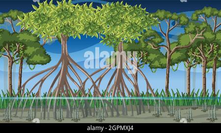 Naturszene mit Mangrovenwald bei Nacht in Cartoon-Stil Illustration Stock Vektor