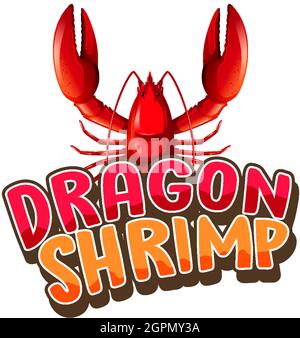 Hummer Zeichentrickfigur mit Dragon Shrimp Schrift Banner isoliert Illustration Stock Vektor