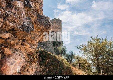 Blick auf einen Teil der Mauern von Monteriggioni. Diese Stadt liegt in der Provinz Siena (Toskana, Italien). Speicherplatz kopieren. Stockfoto