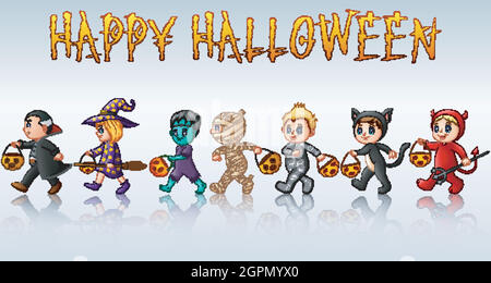 Set von niedlichen Cartoon Kinder in Halloween-Kostümen Stock Vektor