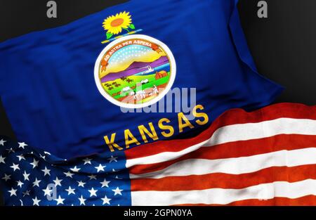 Flagge von Kansas zusammen mit einer Flagge der Vereinigten Staaten von Amerika als Symbol der Einheit zwischen ihnen, 3d-Illustration Stockfoto