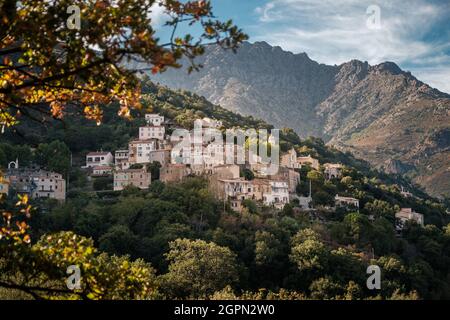 Das Dorf Nessa in der Balagne auf Korsika mit Bergen dahinter Stockfoto