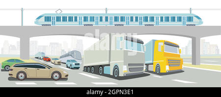 Autobahnbrücke mit Schnellzug, LKW, Bus und PKW Stock Vektor