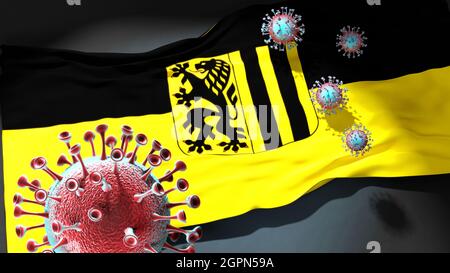 Covid in Dresden - Coronavirus greift eine Stadtflagge von Dresden als Symbol für einen Kampf und Kampf gegen die Viruspandemie in dieser Stadt an, 3D-Illustration Stockfoto