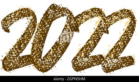 2022 Happy New Year Schriftzug. Text golden mit hellen Funkeln. Handgeschriebener Text in Farbe und Farbe Gold. Festliche Designvorlage, Begrüßung Stock Vektor