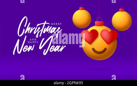 Fröhliche Weihnachtskarte mit herzlächelndes Emoji-Gesicht. Vektor-Illustration im flachen Stil mit Weihnachtsbuchstaben und Liebe Herz Emotion in weihnachtskugel hängen Stock Vektor