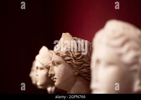 Perspektivische Ansicht Nahaufnahme von Frauen antiken Statuen Köpfe in Reihe auf rotem Hintergrund angeordnet Stockfoto