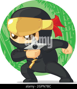 Karikatur von Ninja Holding Shuriken Illustration Maskottchen Zeichnung Stock Vektor