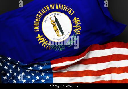Flagge von Kentucky zusammen mit einer Flagge der Vereinigten Staaten von Amerika als Symbol der Einheit zwischen ihnen, 3d-Illustration Stockfoto