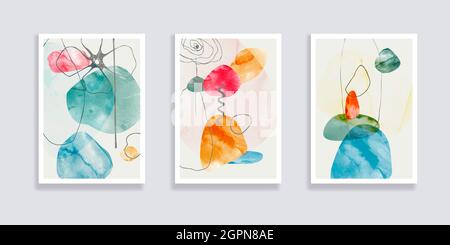 Trendiges Set von Aquarell minimalistischen abstrakten handgemalten Illustrationen. Abstrakte Kompositionen kritzeln verschiedene Formen. Ideal für Design Wanddekoration Stock Vektor