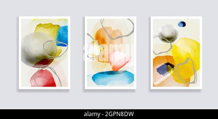Trendiges Set von Aquarell minimalistischen abstrakten handgemalten Illustrationen. Abstrakte Kompositionen kritzeln verschiedene Formen. Ideal für Design Wanddekoration Stock Vektor