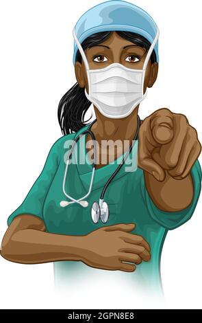 Doktor oder Krankenschwester Frau in Scrubs Uniform zeigen Stock Vektor