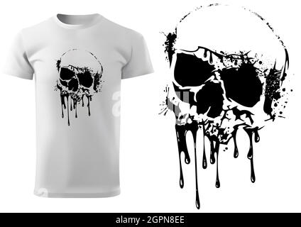 T-Shirt-Design mit Totenkopf und tropfender schwarzer Farbe Stock Vektor