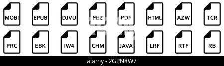 Symbole für das Dateiformat von E-Books. Verschiedene E-Book-Formate von Dateien. Satz linearer Symbole. Vektorgrafik. Stock Vektor