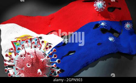 Covid in Sint Maarten Dutch Part - Coronavirus, der eine Nationalflagge des Sint Maarten Dutch Part angreift, als Symbol für einen Kampf und Kampf mit dem Virus Stockfoto