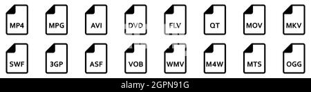 Videodateiformate. Satz von linearen Symbolen verschiedener Videoformate. Symbole für Videodateien. Vektorgrafik. Stock Vektor