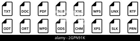 Symbol für Textdateiformate. Satz von Zeilensymbolen verschiedener Textdokumente. Textdateidokumente. Vektorgrafik. Stock Vektor