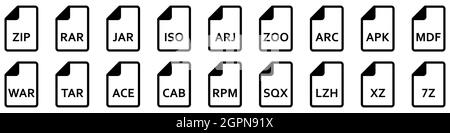 Symbol für Archivdatei. Verschiedene Formate von Archivdateien. Satz linearer Symbole. Vektorgrafik. Stock Vektor