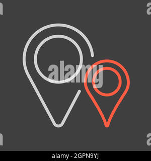 Zwei-Pin-Kartensymbol auf dunklem Hintergrund. Kartenzeiger. Kartenmarkierungen Stock Vektor