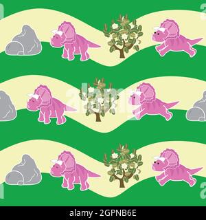 Rosa Dinosaurier, Stein, Camilia, Triceratopsmit grünem Hintergrund, niedlichen Dino-Hintergrund, Dino-Cartoon, herbivore Dino-Cartoon Stock Vektor