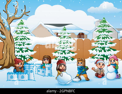 Vektor-Illustration von Cartoon Kinder spielen im Schnee Stock Vektor