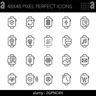 Symbole für Smart Watch-Apps. Aktivität, Batterie, Schutz, Meldungen, Medien, Karte und andere. Pixelgenaue, bearbeitbare Kontur. Stock Vektor
