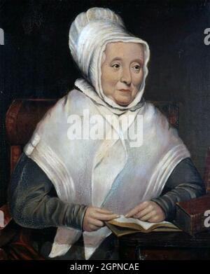 HANNAH ADAMS (1755-1831) amerikanische Autorin von Büchern über amerikanische Geschichte und vergleichende Religion in einem Gemälde von Francis Alexander um 1828 Stockfoto