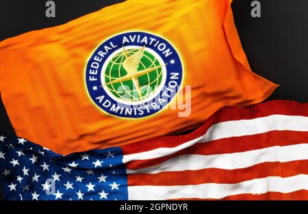 Die Flagge der United States Federal Aviation Administration zusammen mit einer Flagge der Vereinigten Staaten von Amerika als Symbol für eine Verbindung zwischen ihnen, Stockfoto