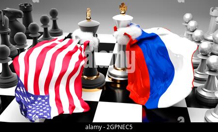 USA Russland Krise, Konflikt, Konflikt und Debatte zwischen diesen beiden Ländern, die auf ein Handelsabkommen oder eine Dominanz abzielen, symbolisiert durch ein Schachspiel mit natio Stockfoto