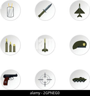 Militärische Waffen Icons Set, flachen Stil Stock Vektor