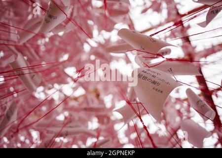 Das Herzstück mit dem Namen „One Thousand Springs“, das der japanische Künstler Chiharu Shiota während einer Fotoschau für das Japan Festival, das eine Feier der atemberaubenden Pflanzen, Kunst und Kultur des Landes darstellt, im Royal Botanic Gardens, Kew, London, erstellt hat. Bilddatum: Donnerstag, 30. September 2021. Stockfoto