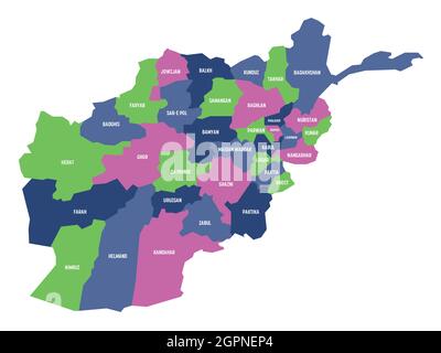 Bunte politische Landkarte von Afghanistan. Verwaltungsabteilungen - Provinzen. Einfache flache Vektorkarte mit Beschriftungen. Stock Vektor